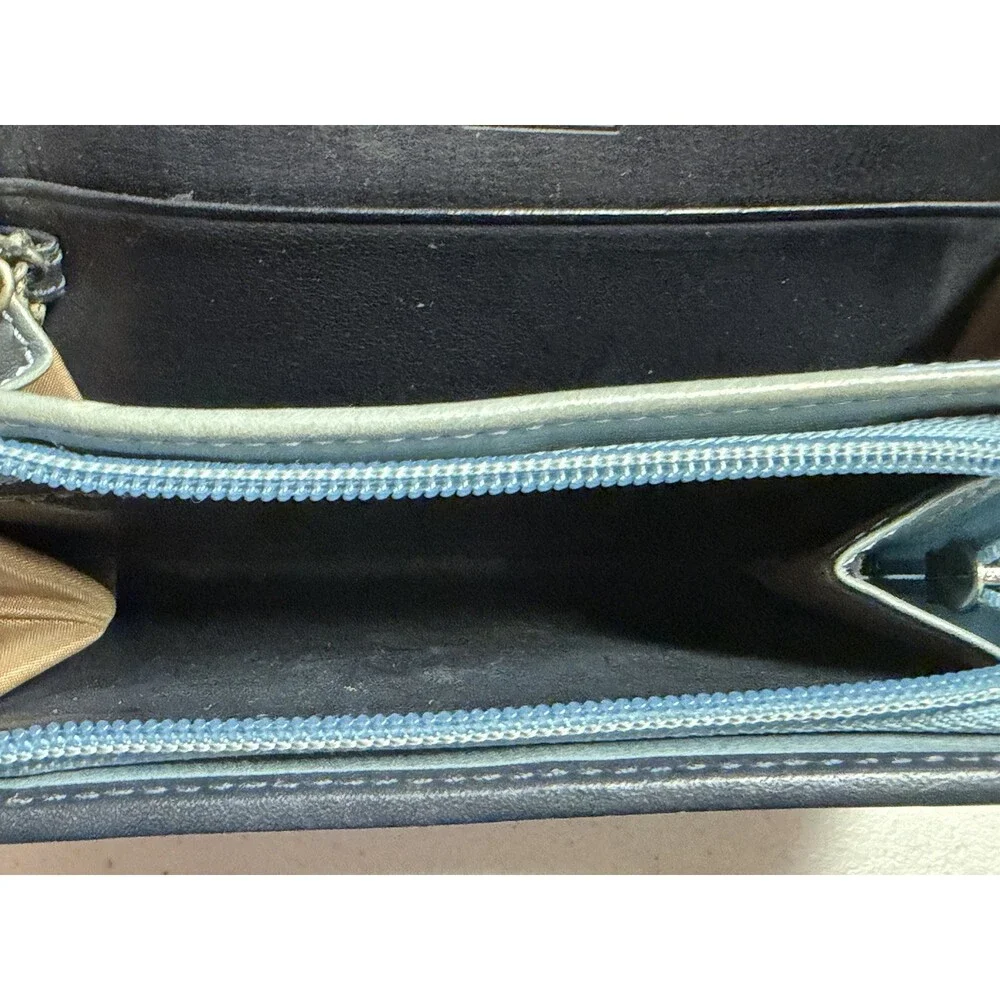 Vintage COACH 1941 Leatherware Trifold Wallet Blue Gray Key Ring Carabiner Flap